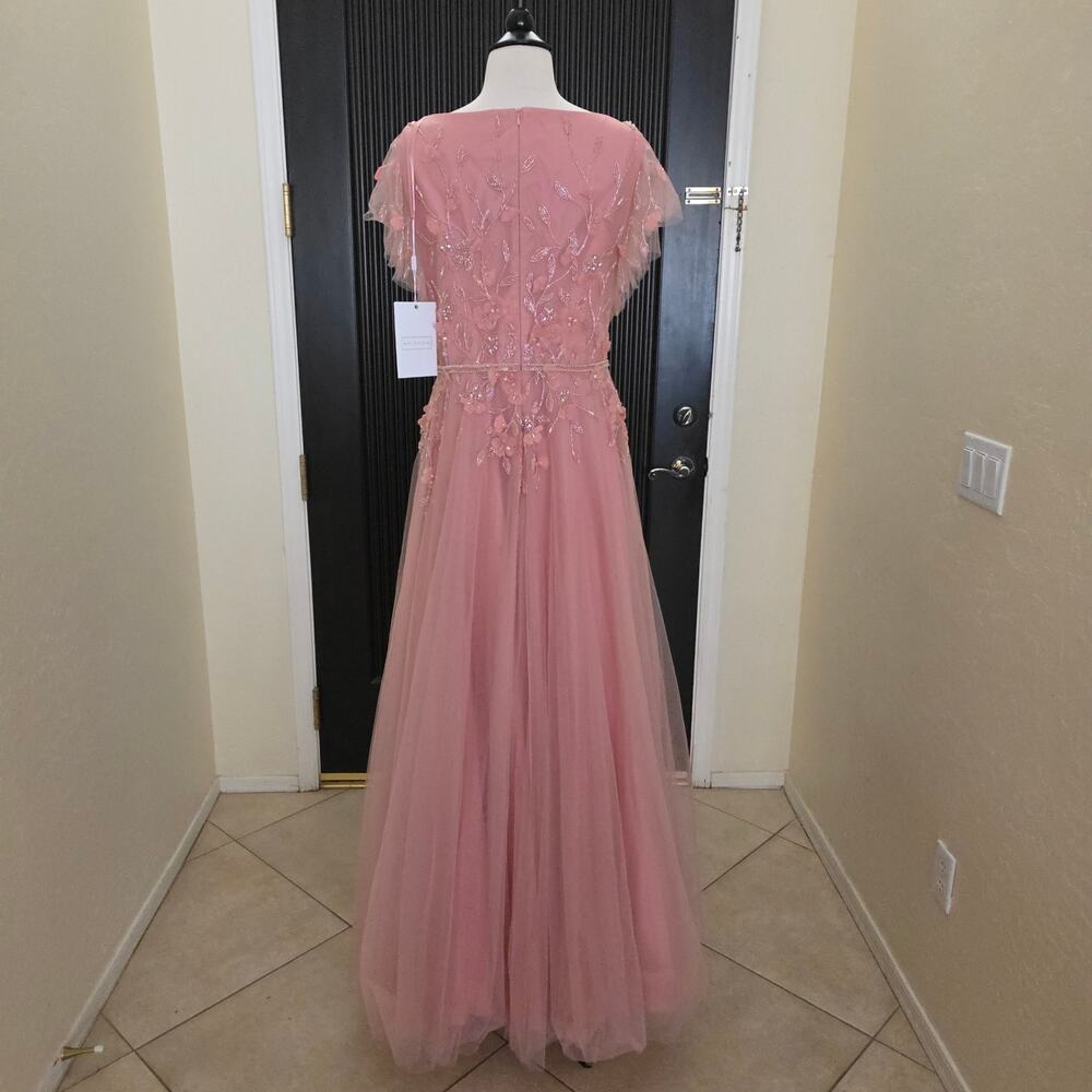 Mac Duggal Formal Pink Maxi Beaded Dress 11224 Tulle Salmon Flowers Gown 16 - Picture 12 of 14